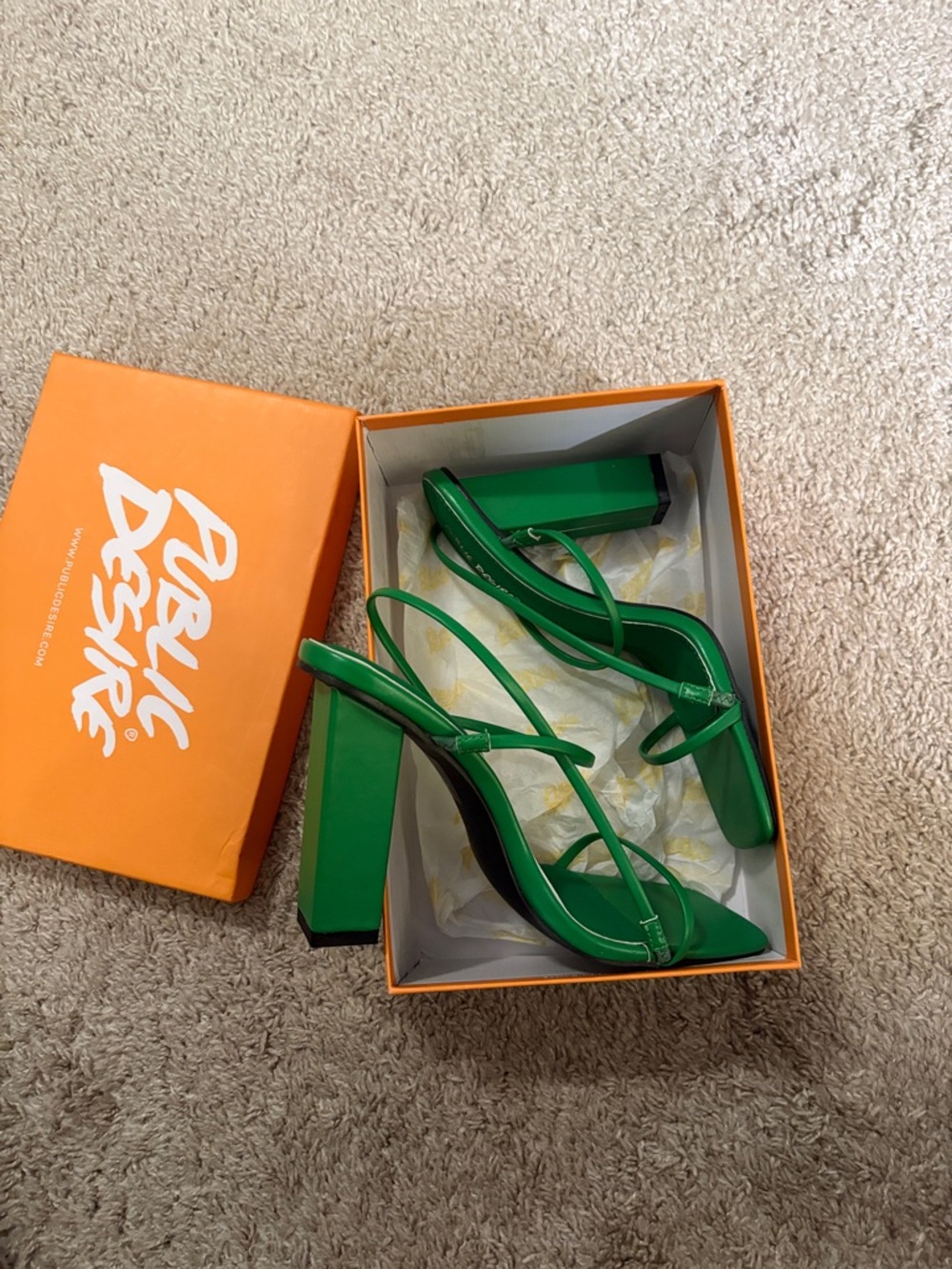 Public Desire Green Strappy Block Heel Sandals
